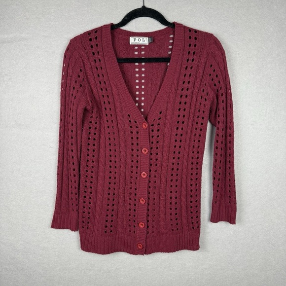 POL Sweaters - POL Cardigan 100% Cotton Sweater Button Up Burgundy Open Knit Sz M Preppy Y2K